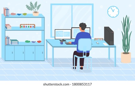 Man doing online research or inputting research data working at computers in an office. Flat vector illustration