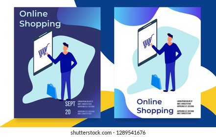 man doing an online shop transaction flyer, poster template. colorful vector illustration - Vector