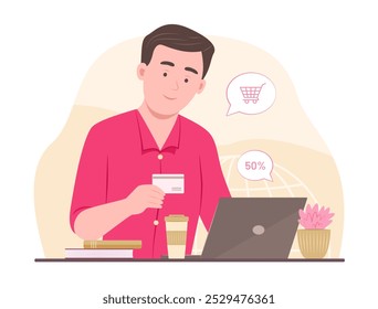 Man Doing Online Shopping on Laptop for E-Commerce Concept Illustration