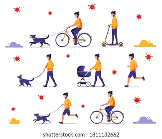 Man doing outdoor activities during pandemic. Walking with dog, riding bicycle, jogging. Man in face mask. Vector illustration