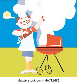 Man doing outdoor grilling vector illustration cartoon