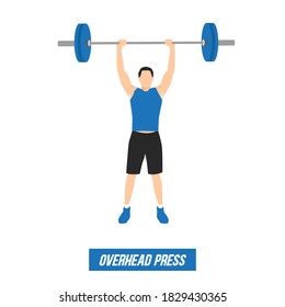 Man doing Overhead barbell shoulder press exercise. Flat vector illustration isolated on white background