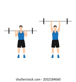 Man doing Overhead barbell shoulder press exercise. Flat vector illustration isolated on white background