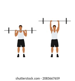 Man doing Overhead barbell shoulder press exercise. Flat vector illustration isolated on white background