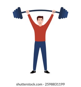 Man doing Overhead barbell shoulder press exercise. Flat vector illustration isolated on white background