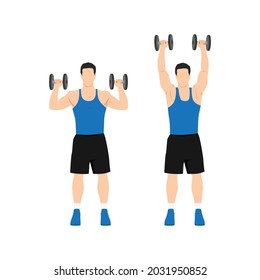 Man doing Overhead dumbbell shoulder press exercise. Flat vector illustration isolated on white background