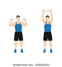 Man doing Overhead dumbbell shoulder press with water bottle exercise. Flat vector illustration isolated on white background