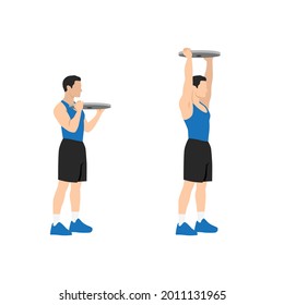 Man doing Overhead plate presses  exercise. Flat vector illustration isolated on white background