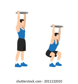 Man doing Overhead plate squats exercise. Flat vector illustration isolated on white background