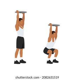 Man doing Overhead plate squats exercise. Flat vector illustration isolated on white background