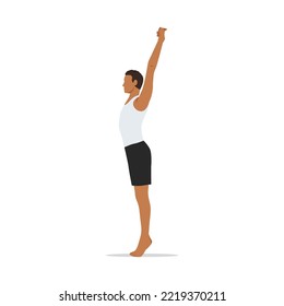 Man Doing Palm Tree Pose On Tiptoes. Practice Urdhva Hastasana On Tiptoes. Flat Vector Illustration Isolated On White Background