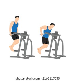 Man doing parallel dip bar exercise. Flat vector illustration isolated on white background