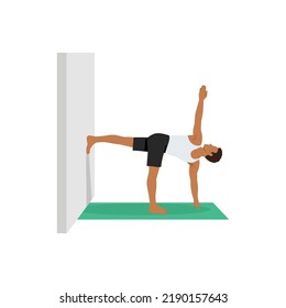 Man doing Parivrtta Ardha Chandrasana. Revolved Half Moon Pose. Flat vector illustration isolated on white background