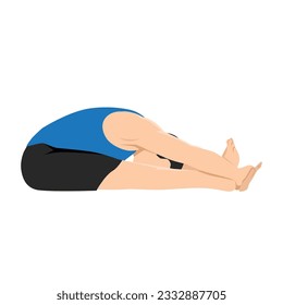 Man doing paschimottanasana seated forward bend exercise. Flat vector illustration isolated on white background