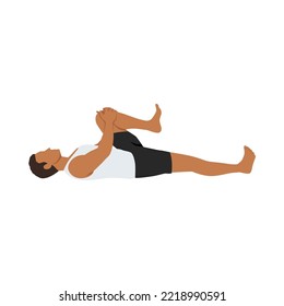 Man doing pawanmuktasana or Half wind release pose exercise. Flat vector illustration isolated on white background
