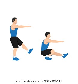 Man Doing Pistol. Single Leg Extended Arm Squats Exercise. Flat Vector Illustration Isolated On White Background