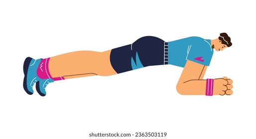 Man doing plank exercise for abs, flat vector illustration isolated on white background. Fit person doing deep core workout. Concepts of sport and healthy lifestyle.
