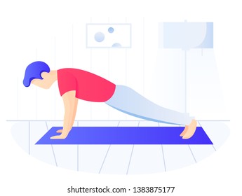 Man doing plank exercise. Core workout, exercising at home, side view