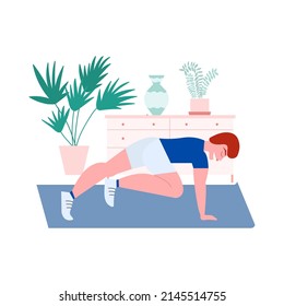 Man doing plank exercise vector illustration. Man doing fitness exercises at home isolated