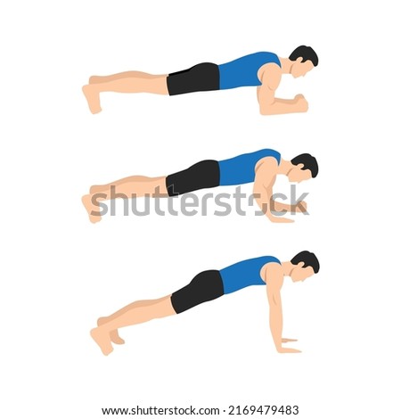 Man doing plank get ups exercise flat vector illustration isolated on white background