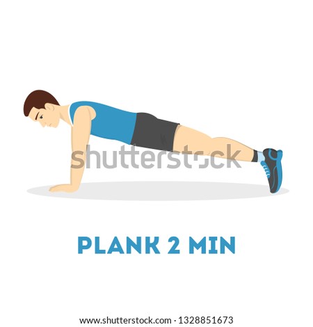 Man doing plank in the gym. Belly burn workout. Guy make exercise. ABS workout. Healthy and active lifestyle. Isolated vector illustration
