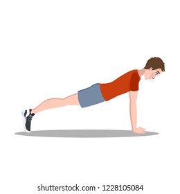 Man doing plank posture exercise for ABS. Fitness workout for perfect body. Training in the gym. Healthy lifestyle concept. Isolated vector illustration