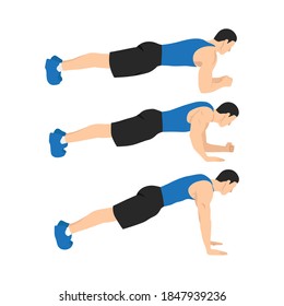 Man doing plank to push ups movement. walking plank up-downs. abs exercise flat vector illustration isolated on white background