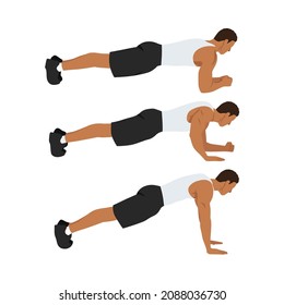 Man doing plank to push ups movement. walking plank up-downs. abs exercise flat vector illustration isolated on white background