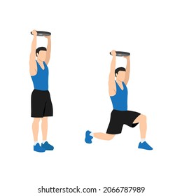 Man Doing Plate Overhead Walking Lunges Exercise. Flat Vector Illustration Isolated On White Background