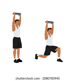 Man Doing Plate Overhead Walking Lunges Exercise. Flat Vector Illustration Isolated On White Background