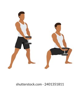 Man doing plie squat exercise with dumbbell. Flat vector illustration isolated on white background