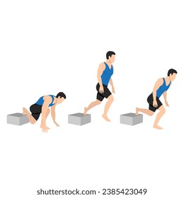 Man doing plyometric bulgarian split squat exercise. Flat vector illustration isolated on white background