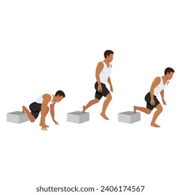 Man doing plyometric bulgarian split squat exercise. Flat vector illustration isolated on white background