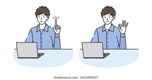 A man doing a pointing poseOK pose with a computer