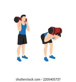 Man Doing Power Bag Or Sandbag Good Morning Exercise For Backside Workout. Flat Vector Illustration Isolated On White Background