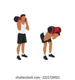 Man Doing Power Bag Or Sandbag Good Morning Exercise For Backside Workout. Flat Vector Illustration Isolated On White Background