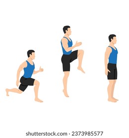 Man doing power lunge exercise. Jump lunges. Flat vector illustration isolated on white background