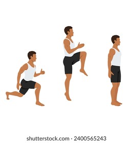 Man doing power lunge exercise. Jump lunges. Flat vector illustration isolated on white background