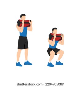 Man doing Powerbag or sandbag squat in 2 steps in side view. Flat vector illustration isolated on white background