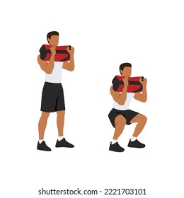 Man Doing Powerbag Or Sandbag Squat In 2 Steps In Side View. Flat Vector Illustration Isolated On White Background