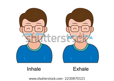 A man doing practice inhale and exhale.Breath exercise.Pursed lip breathing technique.Good health.Cartoon character.Vector.Illustration.