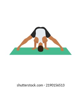 Man doing prasarita padottanasana position. Wide legged forward bend pose. Flat vector illustration isolated on white background