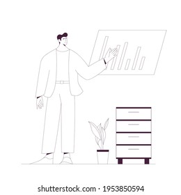 Hombre haciendo presentación con gráfico y diagrama, investigación estadística. Ilustración de vector de esquema, concepto de negocio
