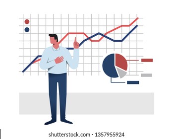A man Doing Presentation of Company Business That Showing Curve And Diagram of Company Performance Vector Illustration