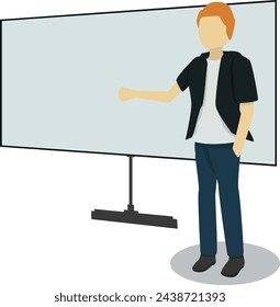 Un hombre haciendo una presentación frente a una pizarra. Hombre haciendo un proyecto de presentación. Diseño plano. Ilustraciones.