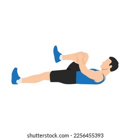 Man doing prone hamstring stretch or laying hamstring stretch. Flat vector illustration isolated on white background