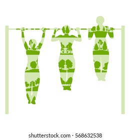 Man doing pull up exercise with rod vector background concept made of forest trees fragments isolated on white
