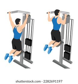 Man doing pull ups exercise. Machine or assisted pull up. Flat vector illustration isolated on white background