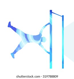 Man doing pull-up on bar silhouette illustration vector background colorful concept made of transparent curved shapes