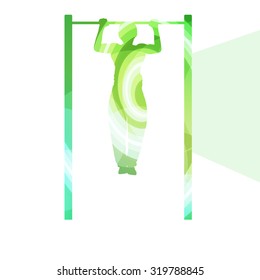 Man doing pull-up on bar silhouette illustration vector background colorful concept made of transparent curved shapes